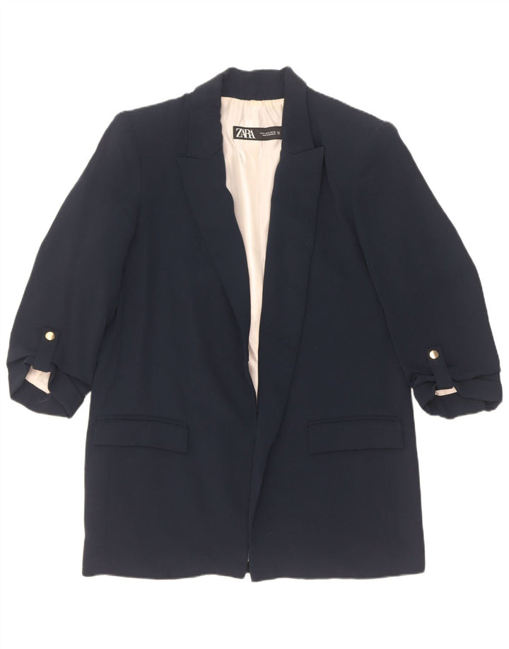 Zara Dame 3/4 ærmet åben blazerjakke UK 14 Medium Navy Blue Polyester