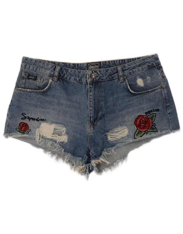 Superdry Womens Distressed Denim Shorts W32 Large Blue Floral Bomuld