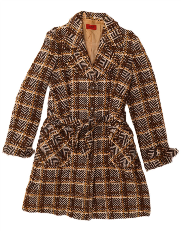 HUGO BOSS Womens Overcoat UK 10 Small  Brown Check Wool