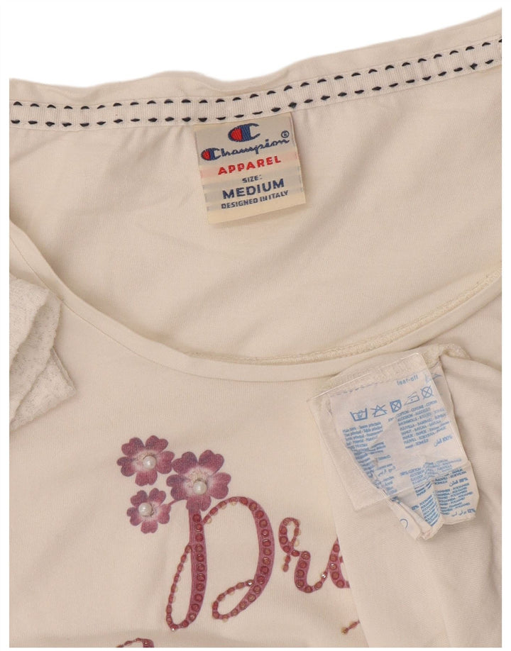 Champion Dame Grafisk T-Shirt Top UK 14 Medium Hvid Bomuld