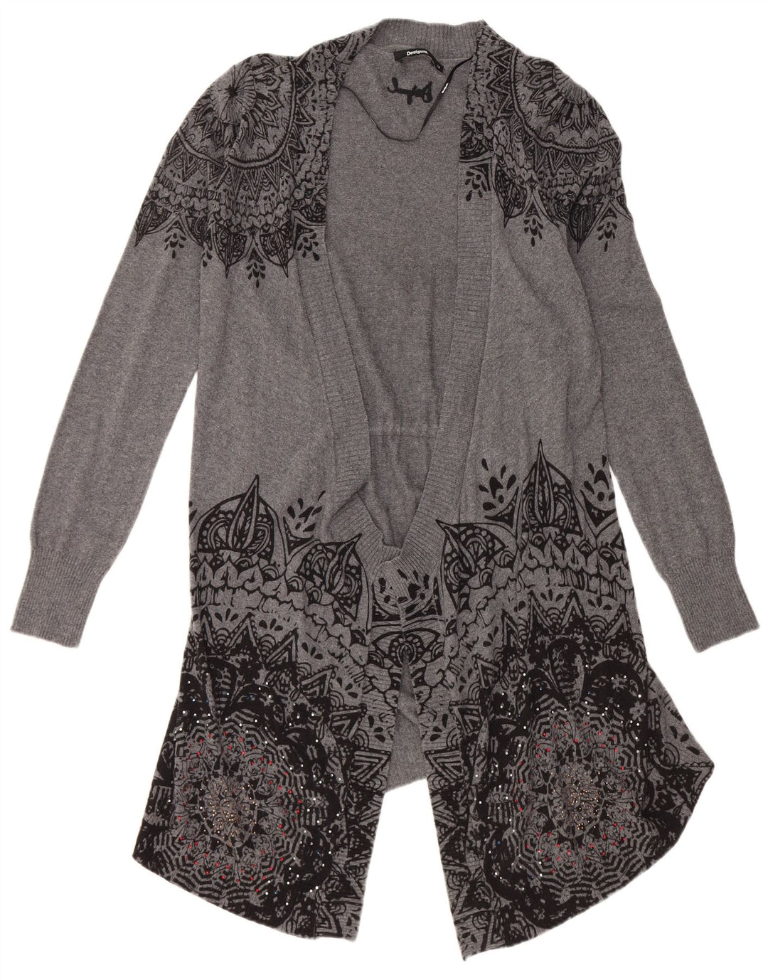 DESIGUAL Dame Longline Åben Cardigan Sweater UK 12 Medium Grey Floral