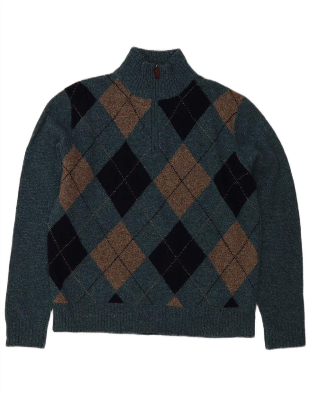 J. Crew Herre Zip Neck Jumper Sweater Medium Blue Argyle/Diamond Lambswool