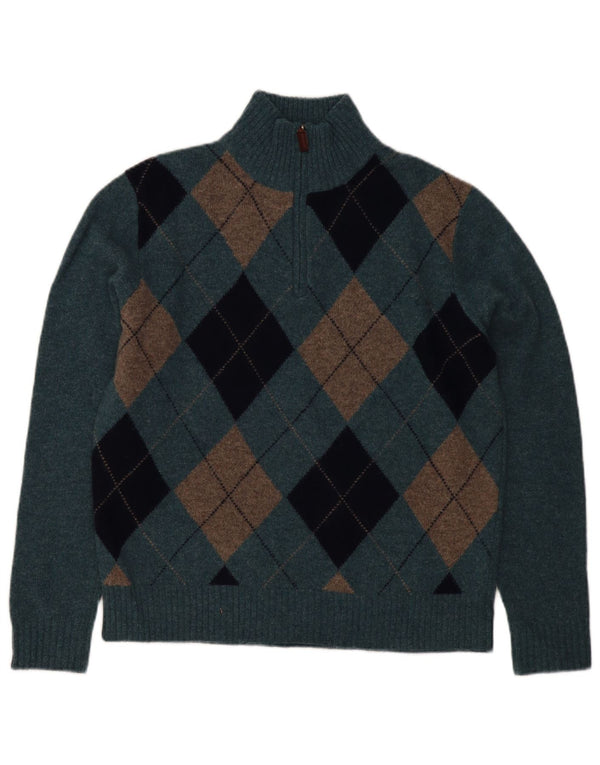J. Crew Herre Zip Neck Jumper Sweater Medium Blue Argyle/Diamond Lambswool