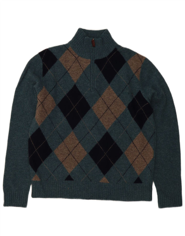 J. Crew Herre Zip Neck Jumper Sweater Medium Blue Argyle/Diamond Lambswool