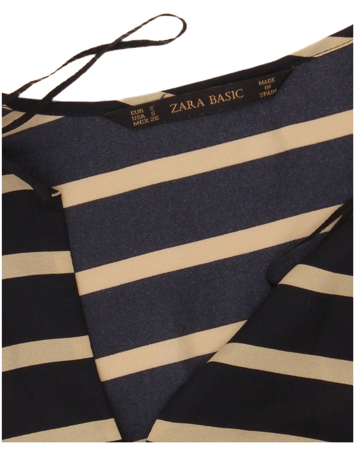 Zara Dame Langærmet Bluse Top UK 10 Small Navy Blue Stribet