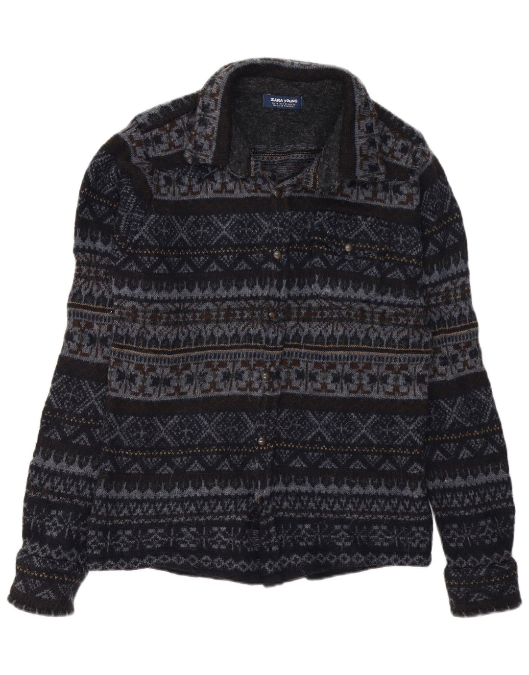 Zara Boys Overshirt Shirt 15-16 år Medium Navy Blue Fair Isle Akryl