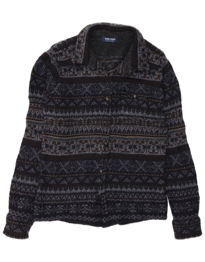 Zara Boys Overshirt Shirt 15-16 år Medium Navy Blue Fair Isle Akryl