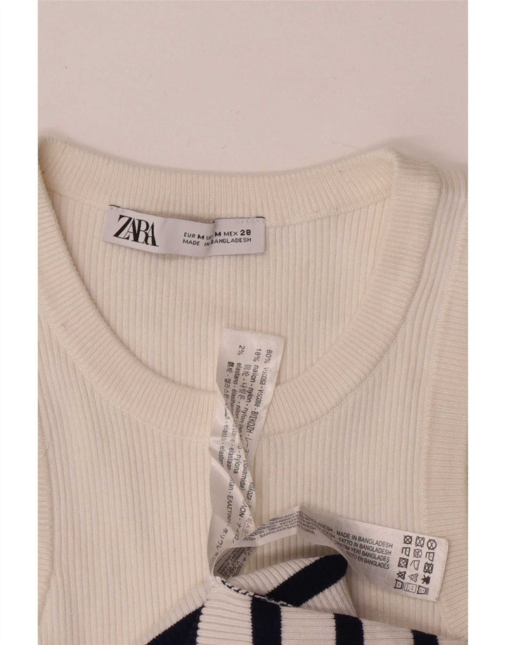 Zara Womens Crop Vest Top UK 12 Medium White Striped Viscose