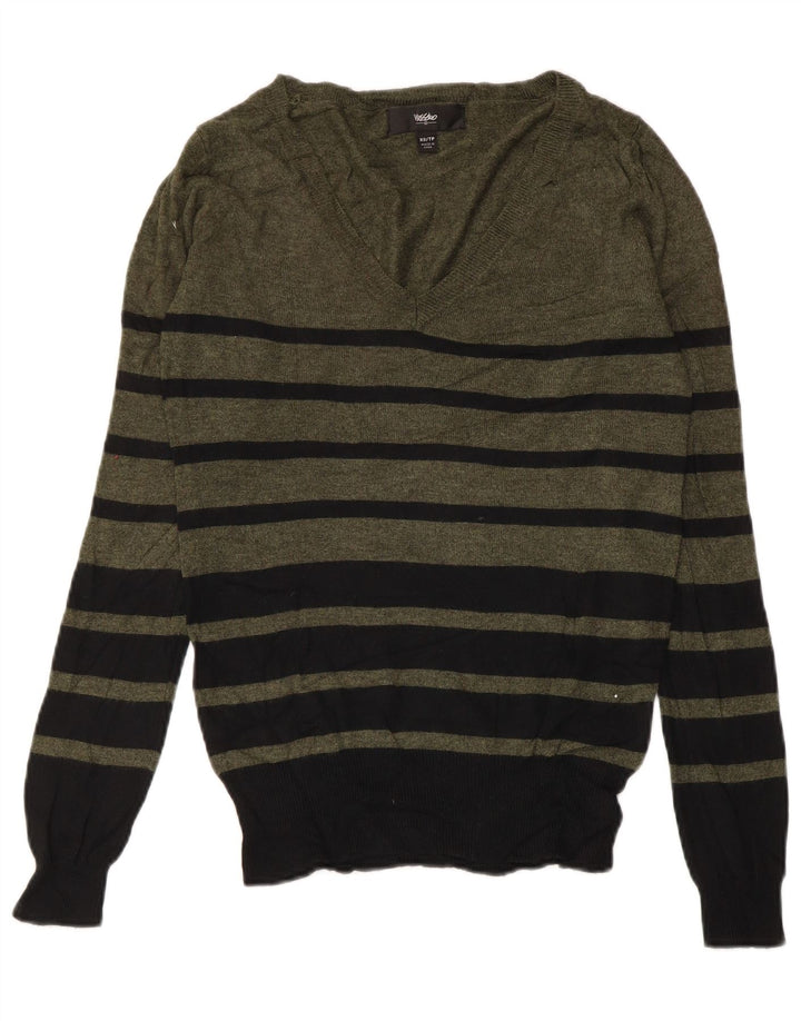 MOSSIMO Dame V-hals sweater UK 6 XS Khaki stribet nylon