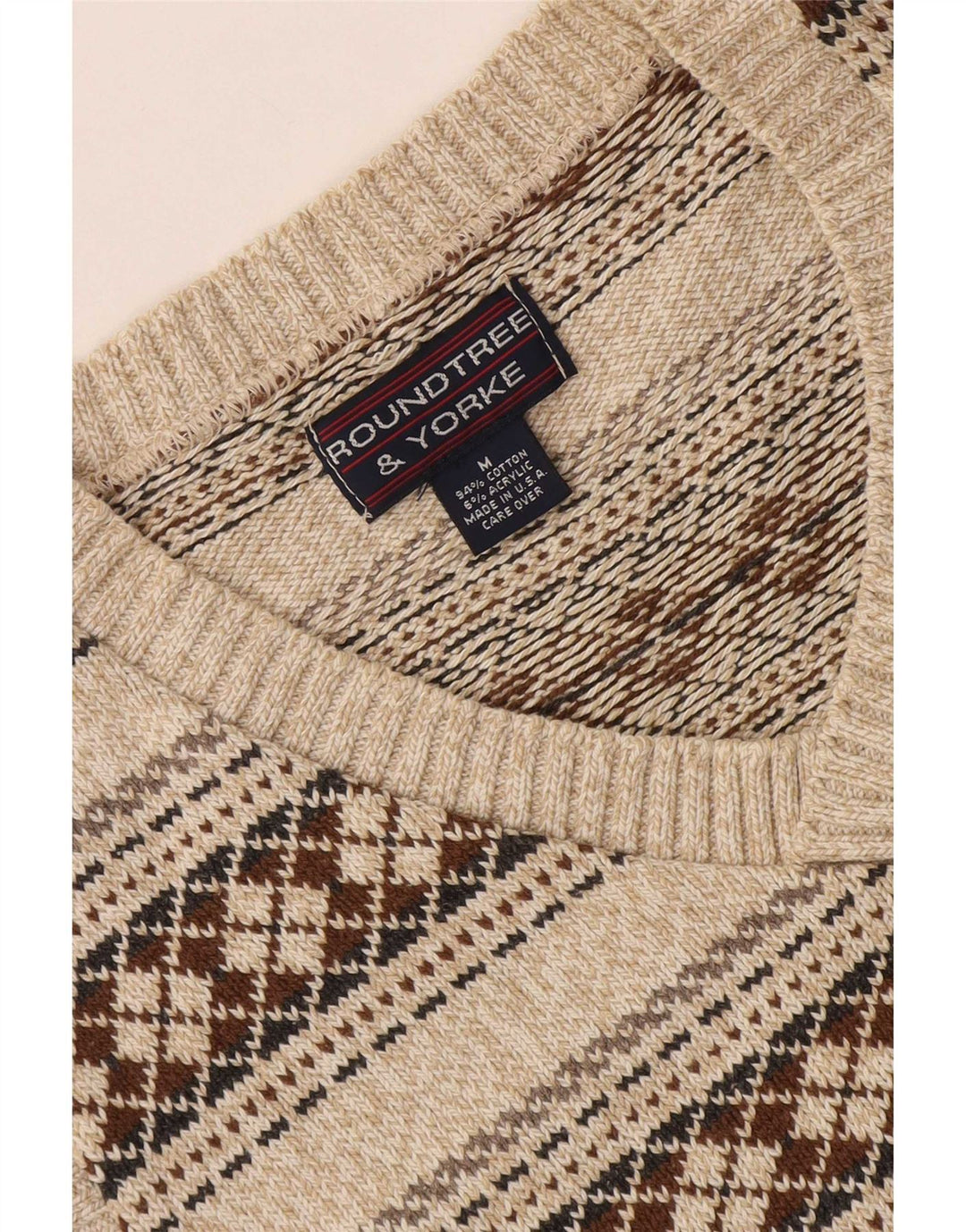Roundtree & Yorke Herre V-hals sweater Medium Beige Geometrisk Bomuld