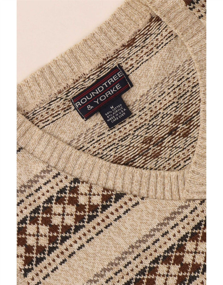 Roundtree & Yorke Herre V-hals sweater Medium Beige Geometrisk Bomuld