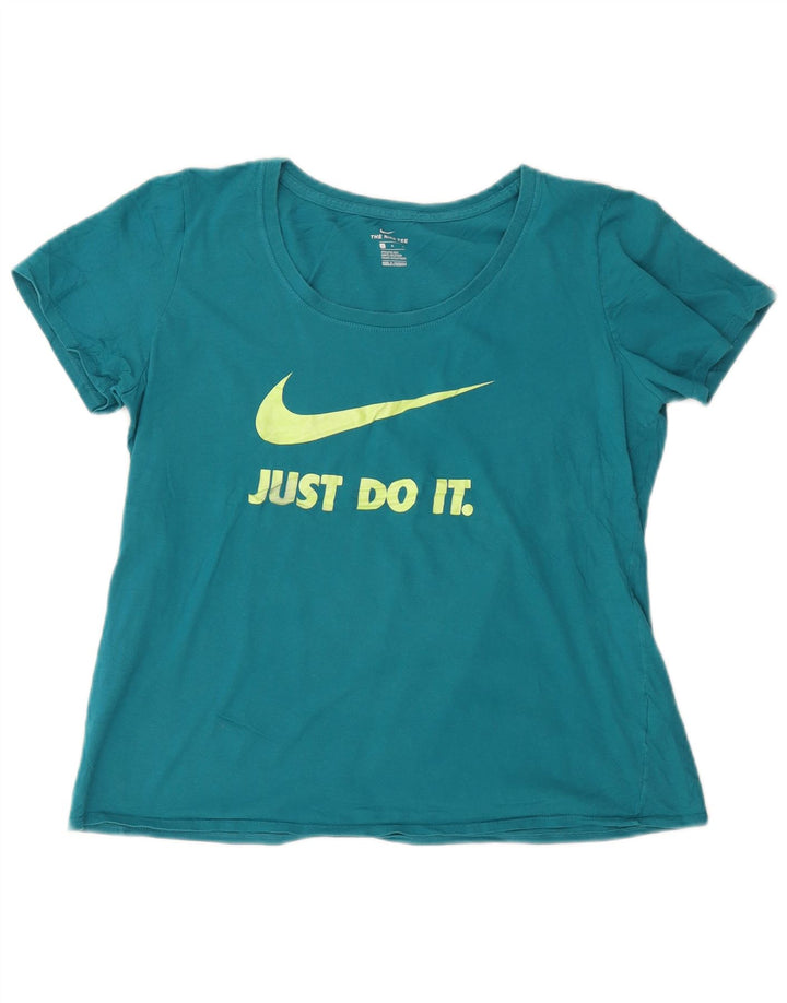 NIKE Dame atletisk snit grafisk T-shirt top UK 16 Stor blå bomuld