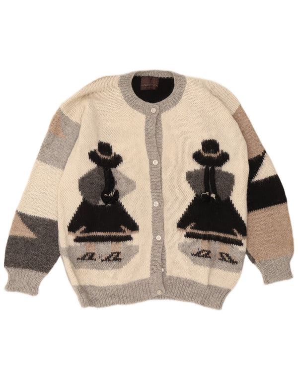 Vintage Kvinde grafisk cardigan sweater UK 16 Large White Colourblock Uld