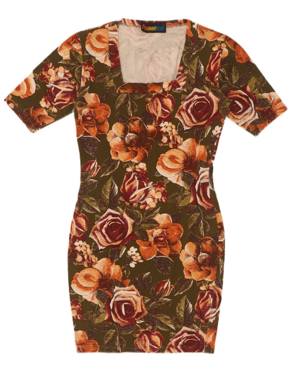 Vintage Womens Bodycon Dress UK 8 Small Khaki Floral Cotton