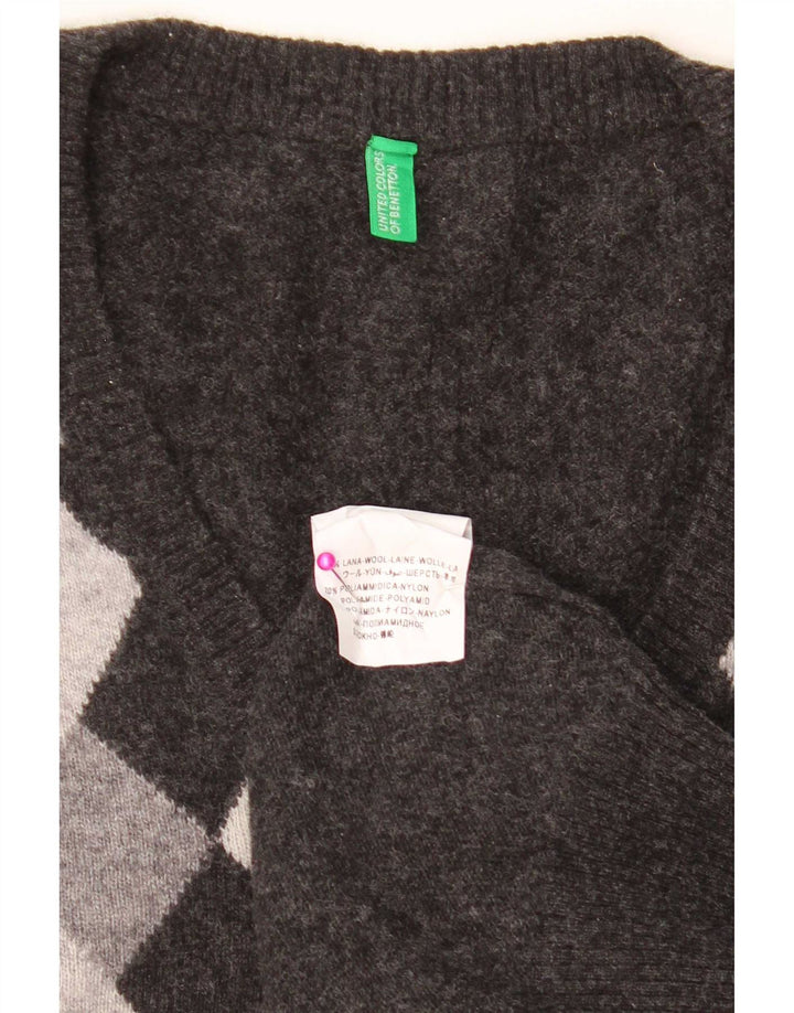 Benetton Herre V-hals sweater XL Grå Argyle/Diamond Wool