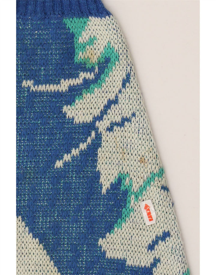 VINTAGE Dame abstrakt mønster V-hals sweater IT 52 2XL Blå