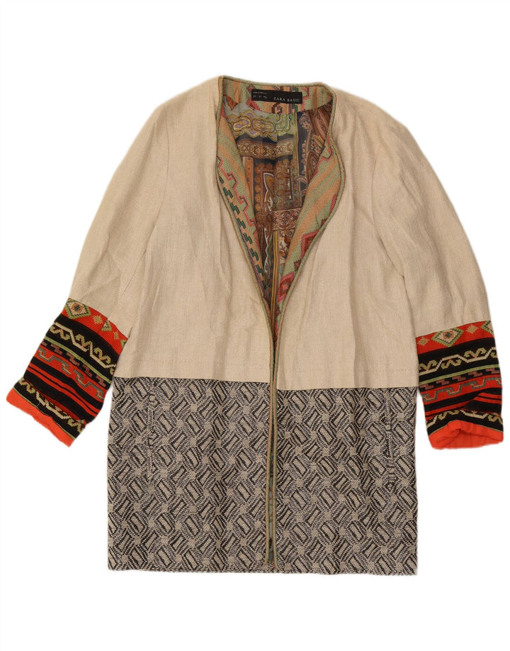 Zara Womens Open Overcoat UK 14 Large Beige Geometrisk Linned