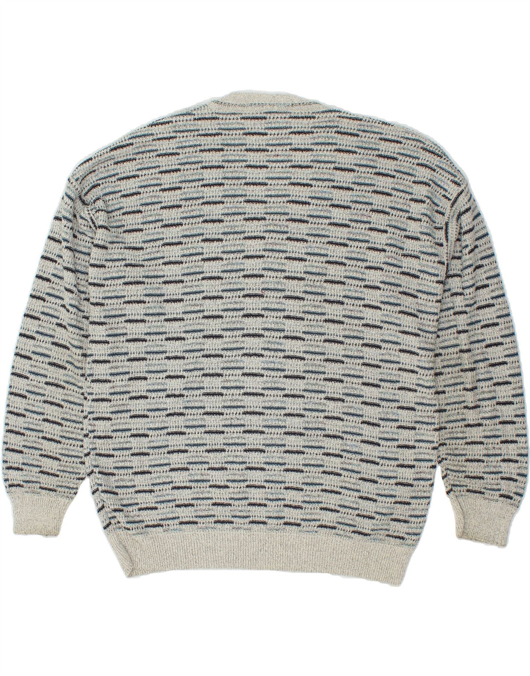 MONELLO Mens V-Neck Jumper Sweater XL Grey Striped Vintage Monello and Second-Hand Monello from Messina Hembry 