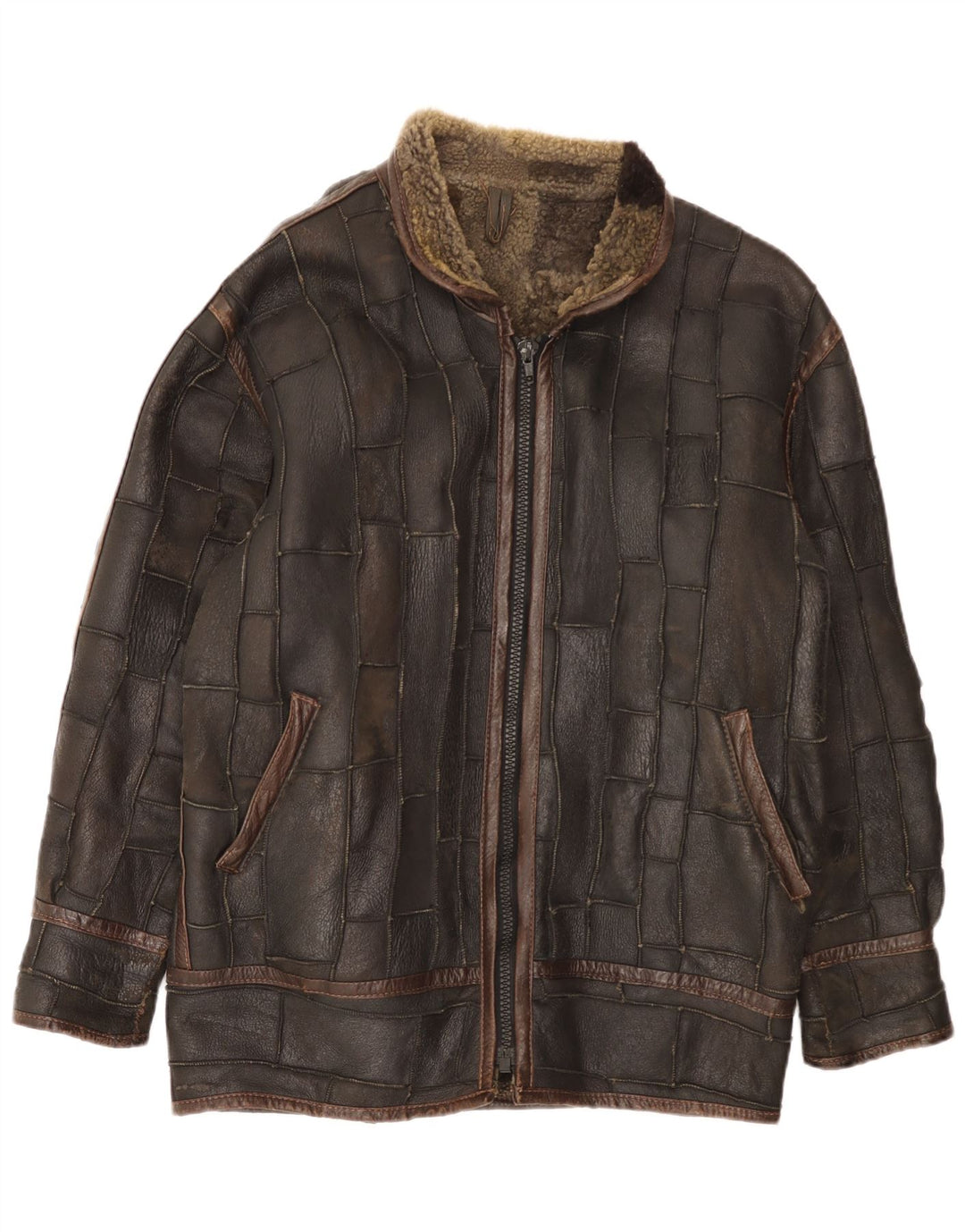 Vintage Herre Shearling Jacket UK 42 XL Brun Patchwork