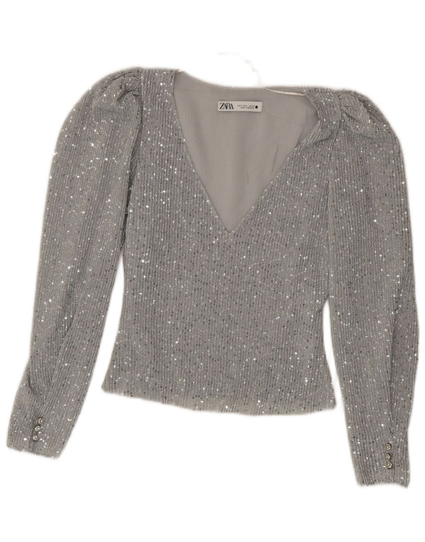 Zara Dame Crop Top Langærmet UK 10 Lille Sølv