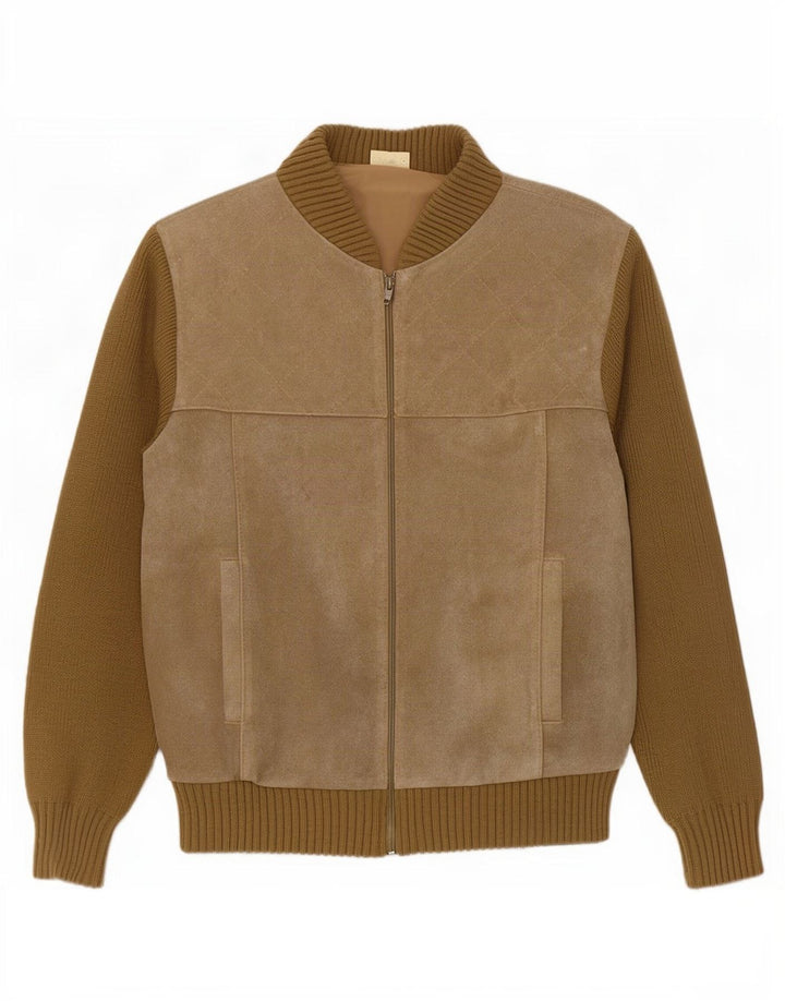 Vintage dame ruskind bomberjakke EU 50 XL Beige Colourblock polyakryl