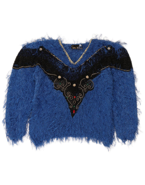 Vintage Dame V-hals sweater UK 16 Large Blue Colourblock Bomuld