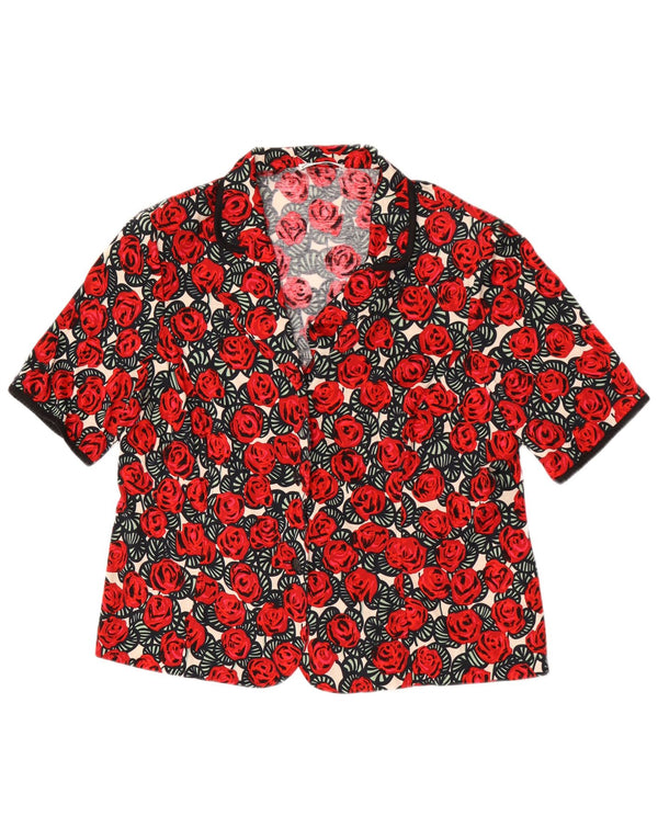 Vintage Dame Kortærmet Skjorte Bluse UK 24 4XL Rød Blomster Bomuld