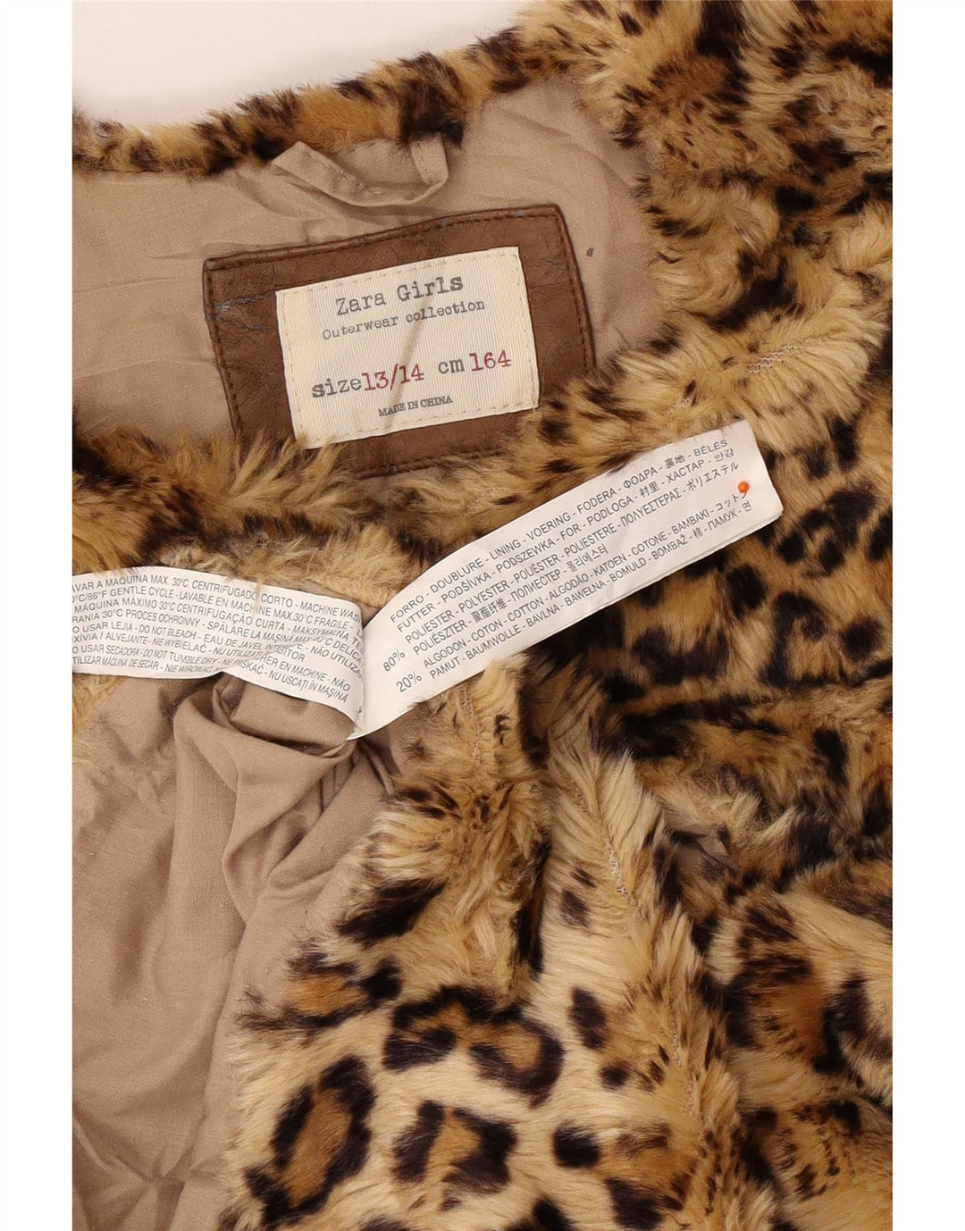 ZARA Girls Faux Fur Gilet 13-14 år Brun Animal Print Polyester