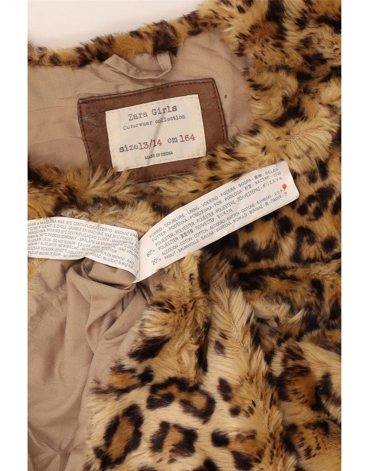 ZARA Girls Faux Fur Gilet 13-14 år Brun Animal Print Polyester