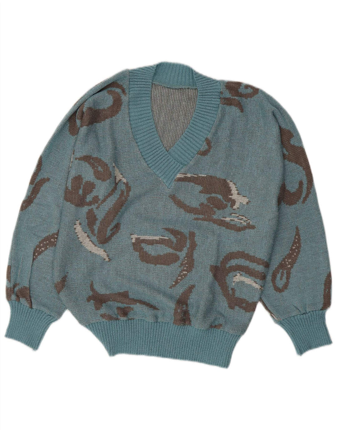 VINTAGE Dame abstrakt mønster V-hals sweater UK 16 Large Blue
