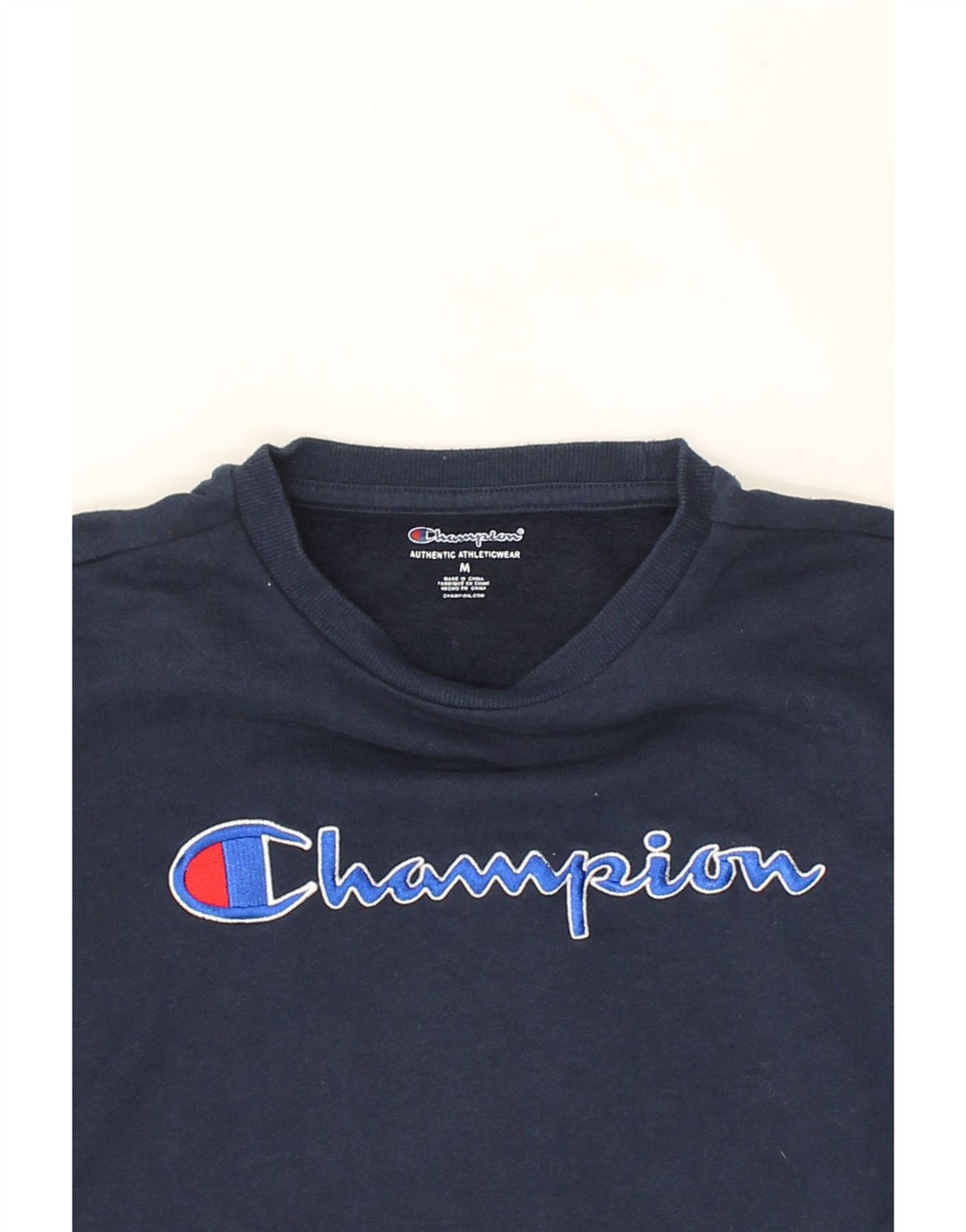 CHAMPION Womens Graphic Sweatshirt Jumper UK 14 Medium Navy Blue Cotton | Vintage Champion | Thrift | Second-Hand Champion | Used Clothing | Messina Hembry 
