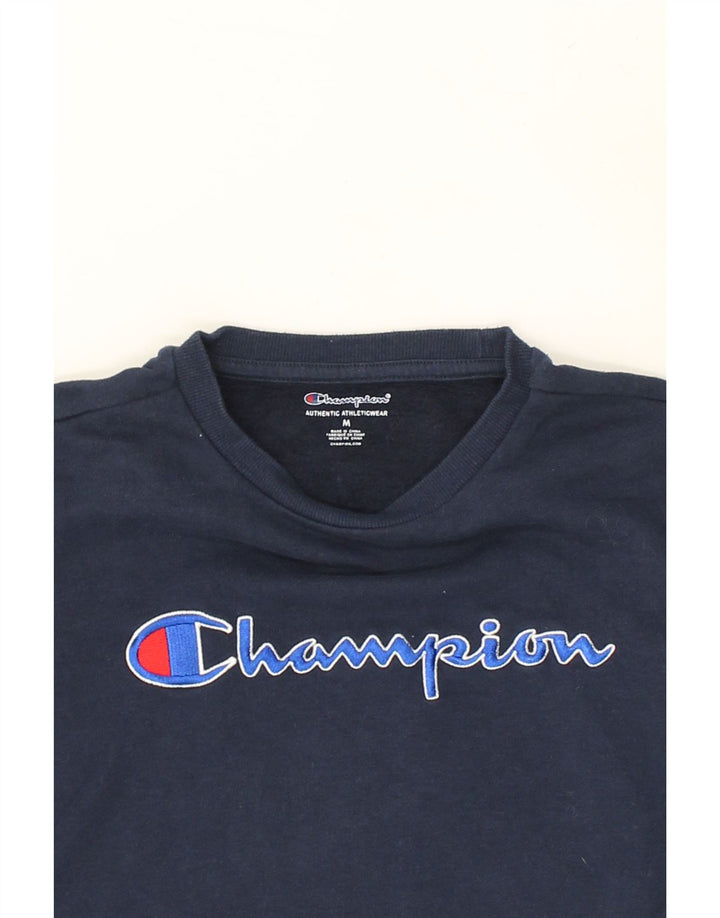 CHAMPION Womens Graphic Sweatshirt Jumper UK 14 Medium Navy Blue Cotton | Vintage Champion | Thrift | Second-Hand Champion | Used Clothing | Messina Hembry 