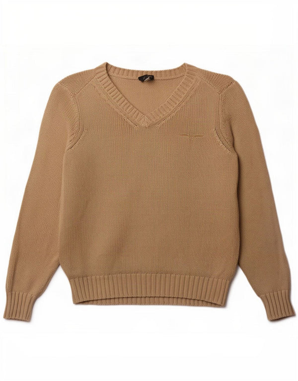 Armani Jeans Dame V-hals Jumper Sweater UK 14 Stor Beige Bomuld