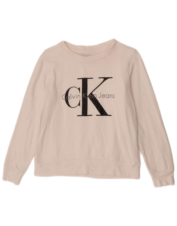 Calvin Klein Jeans Dame Grafisk Sweatshirt Jumper UK 10 Small White