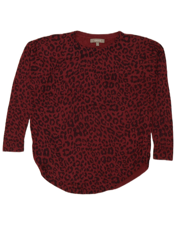 Oasis Womens Boat Neck Jumper Sweater UK 14 Medium Burgundy Animal Print