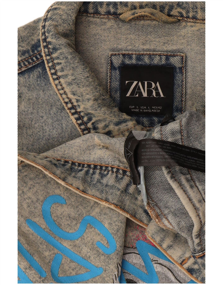 Zara Herre Graphic Denim Jacket UK 40 Large Blue Cotton