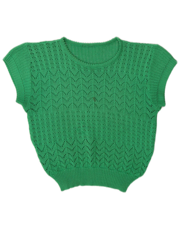 Vintage dameafgrøde se gennem bådhals sweater UK 14 Medium Green