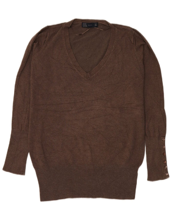 Zara Dame V-hals sweater UK 14 Stor Brun Rayon