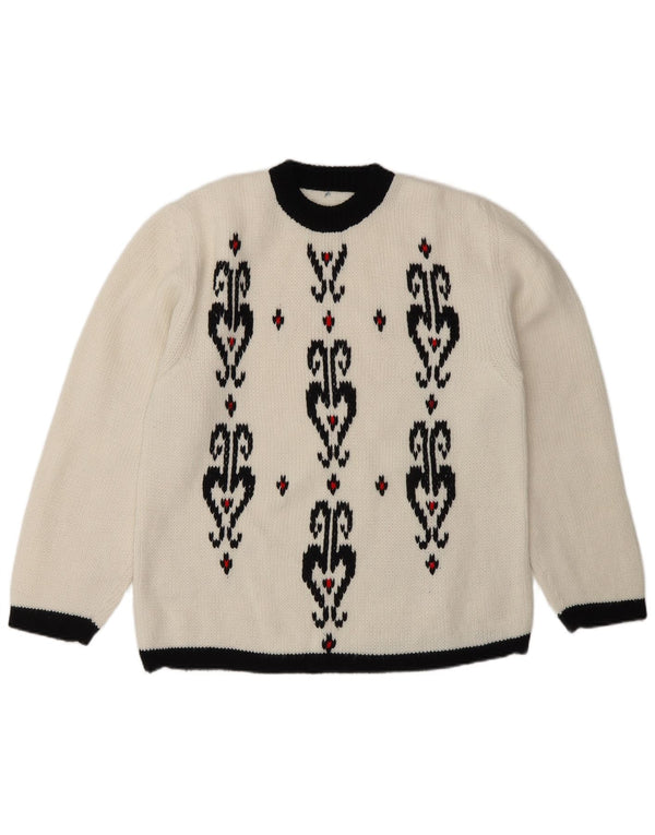 Vintage dame sweater med rund hals DK 14 Medium White Paisley