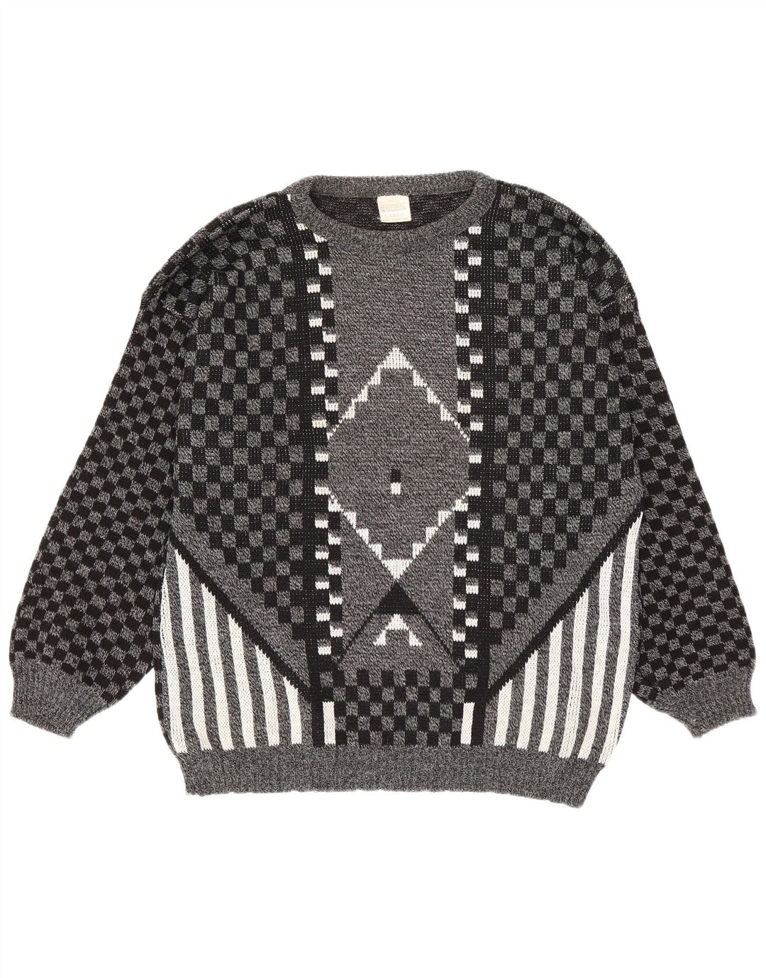 Vintage herre V-hals sweater stor grå geometrisk akryl