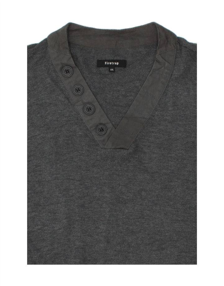 FIRETRAP Mens V-Neck Jumper Sweater 2XL Grey Cotton Vintage Firetrap and Second-Hand Firetrap from Messina Hembry 