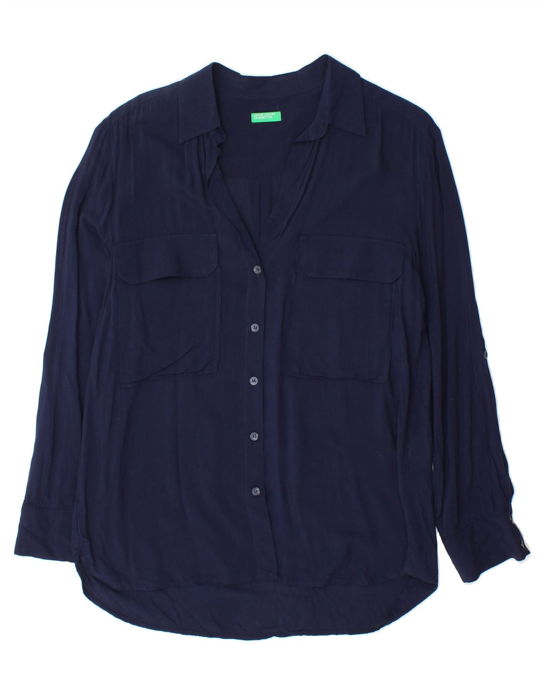BENETTON Womens Oversized Shirt UK 10 Small Navy Blue Viscose Vintage Benetton and Second-Hand Benetton from Messina Hembry 
