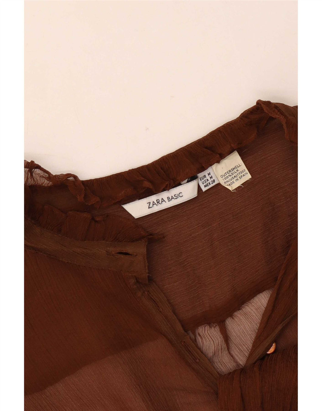 Zara Dame Langærmet Se Through Top UK 14 Medium Brun Silke