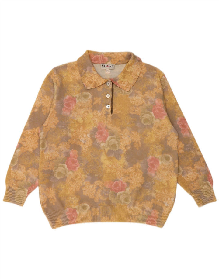 VILONA MODA Dame Polo Neck sweater UK 18 XL Gul blomsteruld