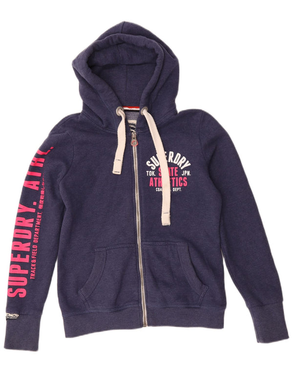 Superdry hættetrøje til kvinder med grafisk lynlås UK 14 Medium marineblå bomuld
