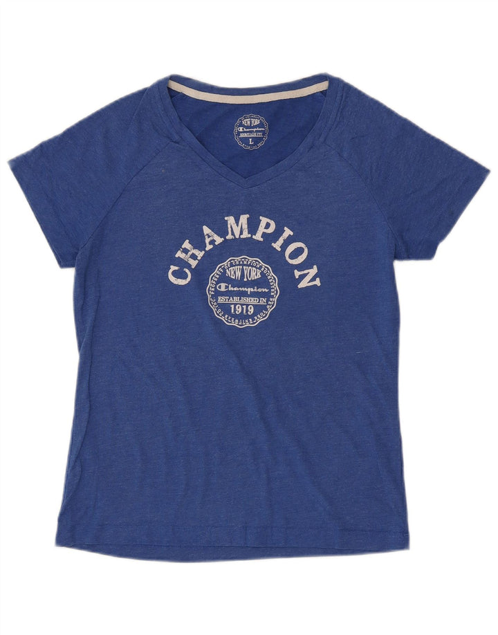 CHAMPION Dame Heritage Fit Grafisk T-Shirt Top UK 14 Stor Blå