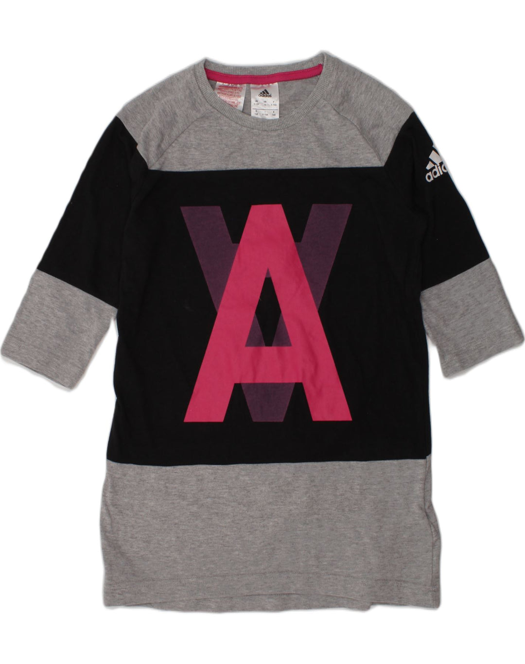 ADIDAS Girls Graphic Top 3/4 Sleeve 9-10 Years Grey Colourblock Cotton | Vintage Adidas | Thrift | Second-Hand Adidas | Used Clothing | Messina Hembry 