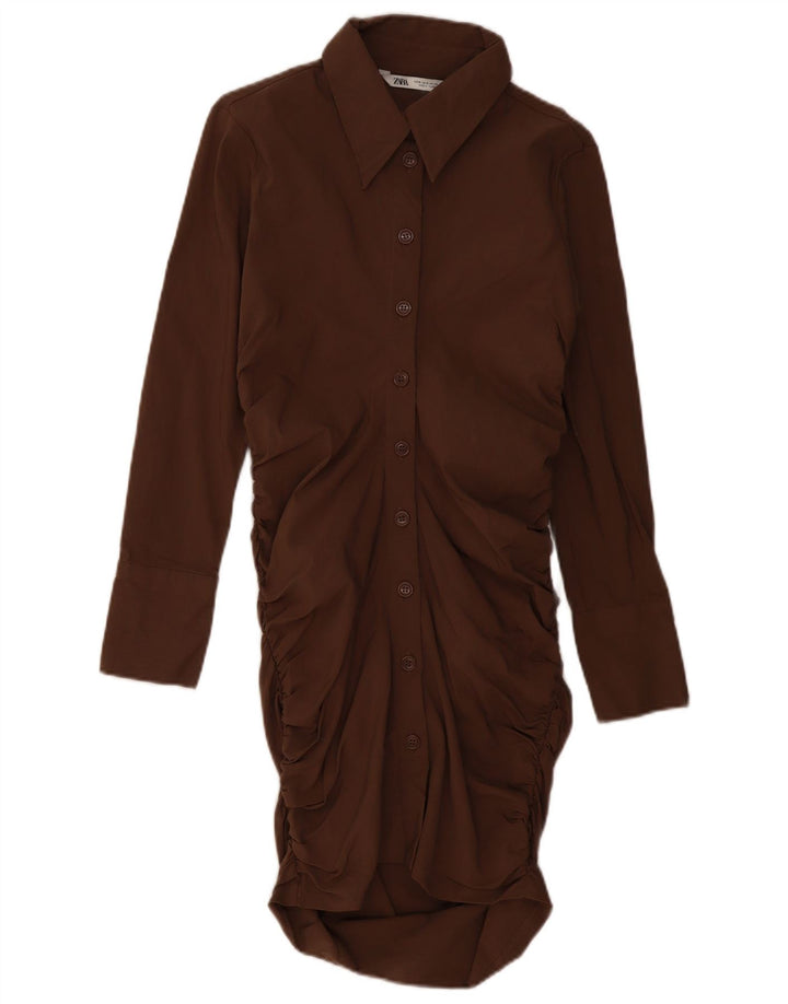 ZARA Womens Long Sleeve Shirt Dress UK 12 Medium Brown