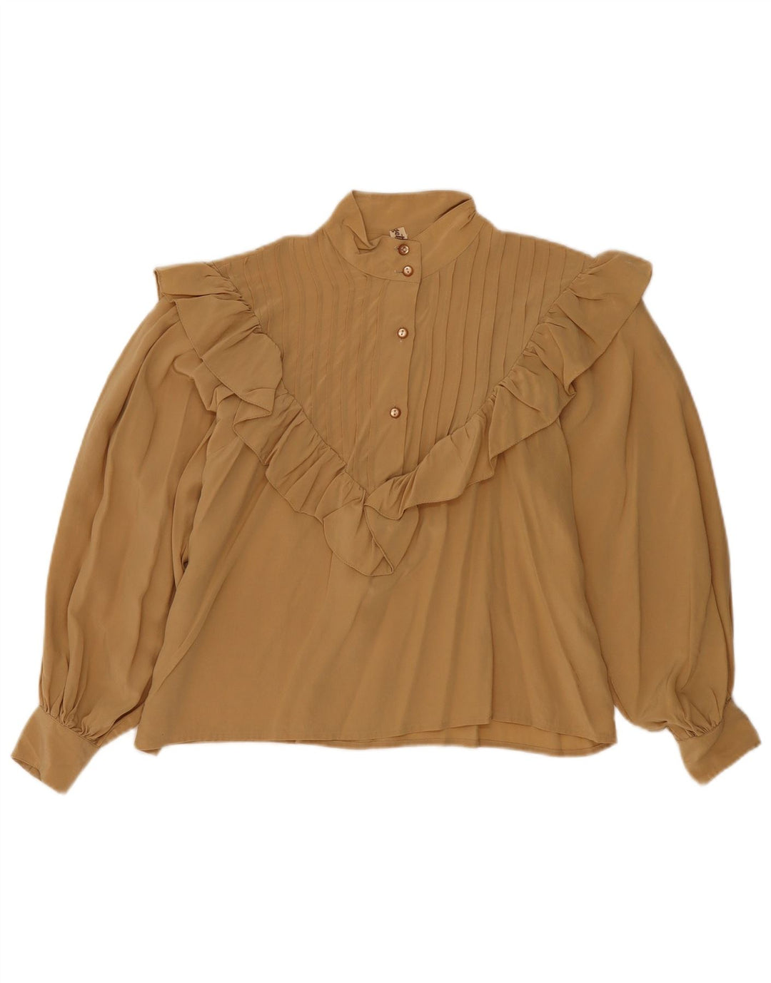 Vintage Dame Langærmet Flæse Front Bluse Top IT 46 Stor Beige Silke