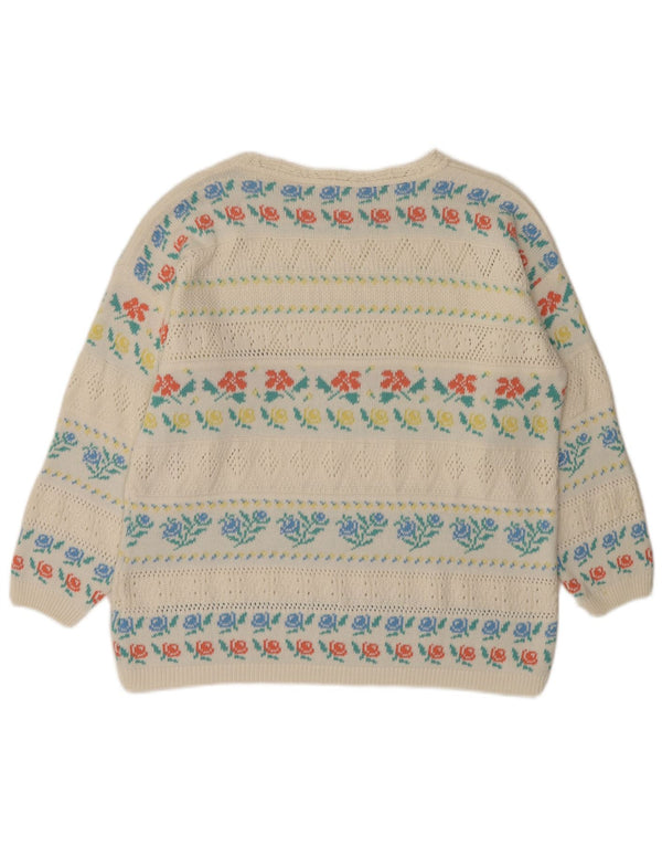 VINTAGE Dame Boat Neck Jumper Sweater IT 46 Large White Floral Acryl